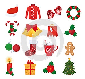 Set of Vector Christmas Icons. Gift, Pine, Ball, Santa, Candle, Gingerbread Man, Candy, Bell, Mistletoe Wreath and such Things.