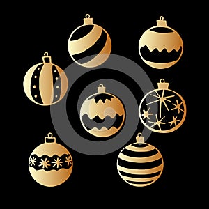 Set of vector Christmas outline gold tree balls. Simple hand drawn elements, clipart of New year and xmas design
