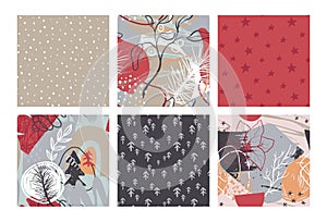 Set of vector Christmas seamless patterns with hand drawn simple and abstract elements