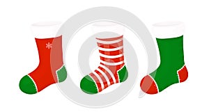 Set of vector Christmas socks. Vector Christmas stocking. Design elements isolated on white