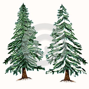 Set of vector Christmas trees, green fur trees in hand drawn watercolor style for design