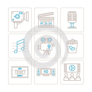 Set of vector cinema icons and concepts in mono thin line style