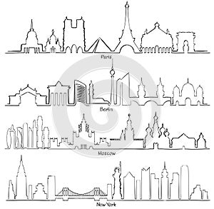 Set of vector cities silhouette Paris, Berlin, Moscow and New Y