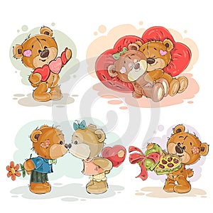 Set vector clip art illustrations of enamored teddy bears