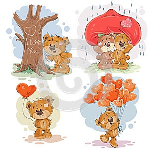 Set vector clip art illustrations of enamored teddy bears