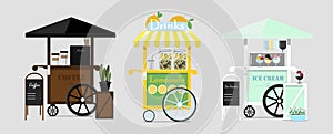 Set of vector coffee, ice cream and lemonade carts. Vector flat illustration of a street fast food. Point of sale of ice