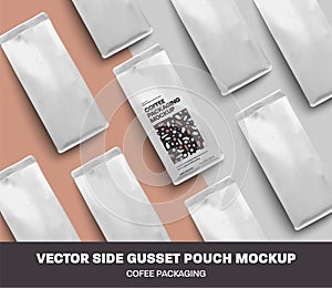 Set of vector coffee packages laid out on the surface, top view. Side gusset pouch template