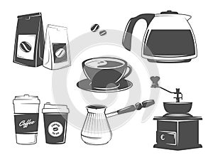 Set of vector coffee packages, turk, coffee grinder, cups, beans and pot.