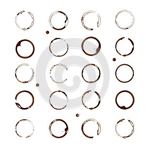 Set of 20 vector coffee stains. Brown coffee cup bottom rings and drop splashes isolated on white. Grunge circles.Design for caf photo