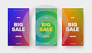 Set of vector color gradient banners with arrows and a discount of 25, 50 and 75% for a big sale and special offer.
