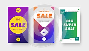 Set of vector color gradient banners with square, circle and rhombus and 25 and 50% discount for big sale,