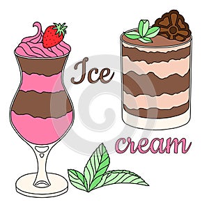 Set of vector color illustration of chocolate and strawberry ice cream with mint leaves. Dessert in a glass. Hand-drawn