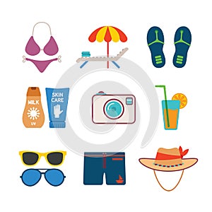 Set of vector colorful beach vacations icons in flat style