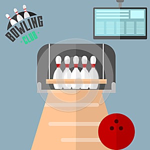 Set of vector colorful bowling icons sport strike pin symbol ball skittle game equipment illustration.