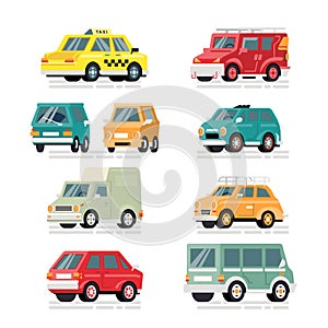 Set of vector colorful cars in modern style. Isolated background