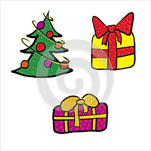 Set of vector colorful cartoon Christmas tree and gifts. Decorated fir tree and two box of presents for the New Year