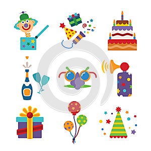 Set of vector colorful celebration icons in flat style