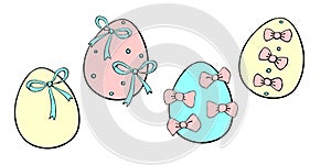 Set of vector colorful ornamental easter eggs with bows. Holiday illustrations, clip art in hand drawn doodle flat style