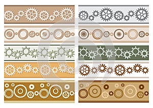 Set of vector colorful seamless borders with gears - colored cogwheels
