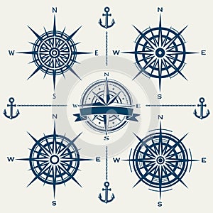 Set of vector compass roses or wind roses