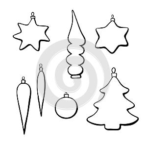 Set of vector contoured glass toys, decorations for xmas tree, doodle style. Clipart for Merry Christmas and New Year