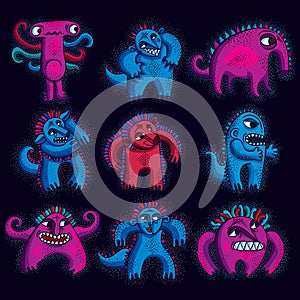 Set of vector cool cartoon monsters, colorful weird creatures.