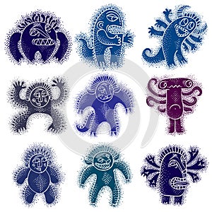 Set of vector cool cartoon monsters, colorful weird creatures. C