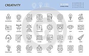 Set of vector creativity icons. Editable Stroke. Idea generation preparation inspiration influence originality, concentration