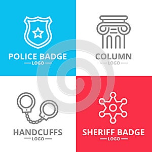 Set of vector crime, law, police and justice logo or insignia, emblems, labels and badge. Vector line style