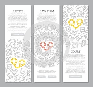 Set of vector crime, law, police and justice vertical banners with icon pattern. Vector illustration