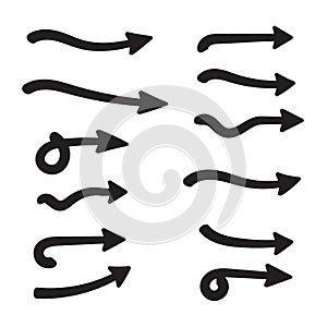 Set of vector curved arrows hand drawn. Sketch doodle style. Collection of pointers.