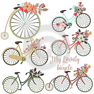 A Set of vector cute bicycles with flowers for design. Ideal for
