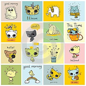 Set of vector cute cats in simple design for kid's greeting card design, t-shirt print, poster