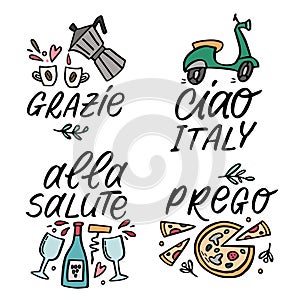 Set of vector cute illustration with traditioanal Italian symbols with handlettering words. photo