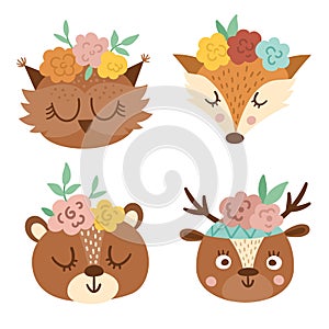 Set of vector cute wild animal faces with flowers on their heads. Boho forest avatars collection. Funny illustration of owl, bear
