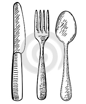 Set of vector cutlery. Fork, Spoon, Knife. Sketch style. Vector illustration