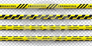 Set Vector design of corona virus danger warning in yellow and black stripes