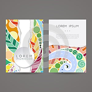 Set of vector design templates. Brochures in random colorful style. Vintage frames and backgrounds.