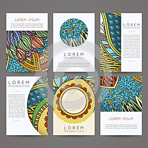 Set of vector design templates. Brochures in random colorful style. Vintage frames and backgrounds.