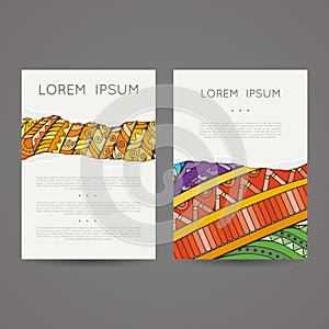 Set of vector design templates. Brochures in random colorful style. Zentangle designs.