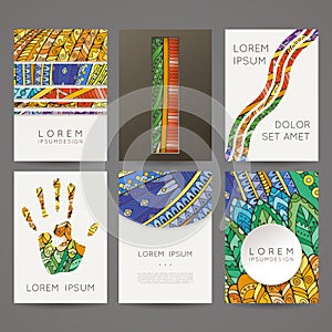 Set of vector design templates. Brochures in random colorful style. Zentangle designs.