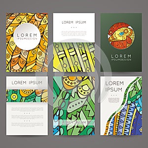 Set of vector design templates. Brochures in random colorful style. Zentangle designs.