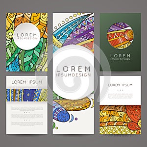 Set of vector design templates. Brochures in random colorful style. Zentangle designs.