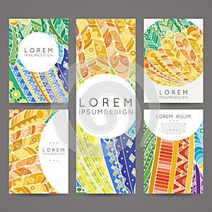 Set of vector design templates. Brochures in random colorful style. Zentangle designs.