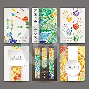 Set of vector design templates. Brochures in random colorful style. Zentangle designs.