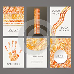 Set of vector design templates. Brochures in random colorful style. Zentangle designs.