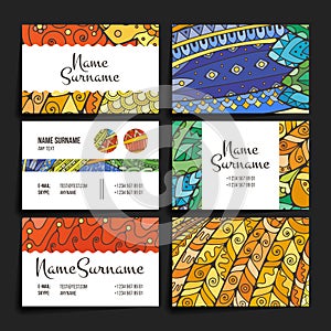 Set of vector design templates. Brochures in random colorful style. Zentangle designs.