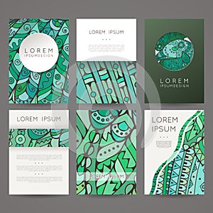 Set of vector design templates. Brochures in random colorful style. Zentangle designs.