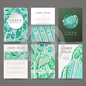 Set of vector design templates. Brochures in random colorful style. Zentangle designs.