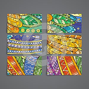 Set of vector design templates. Brochures in random colorful style. Zentangle designs.